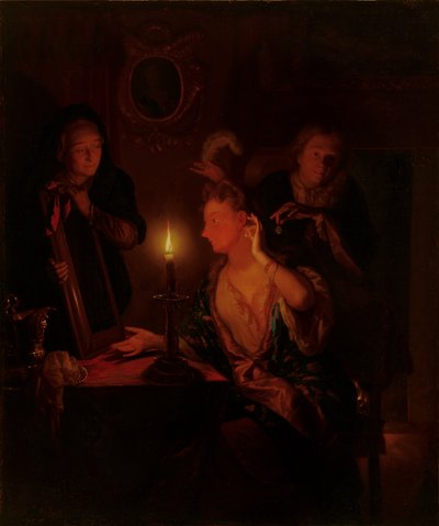 Dame bei Kerzenlicht vor einem Spiegel von Godfried Schalcken